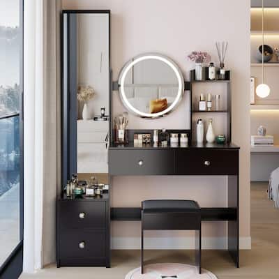 Round Mirror LED Vanity Table, Touch Control Makeup Cabinet, Vanity Set with Full Body Mirror Cabinet & Cushioned Stool