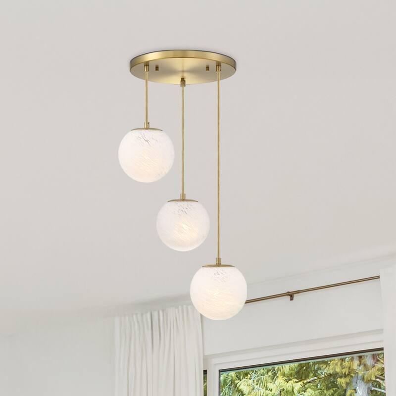 Pixie 3-Light Brushed Gold Modern Globe Chandelier for Entryways with 7 in. Etched Cloud Glass Shades - 17.75