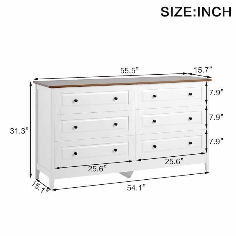 White 6-Drawer Dresser for Bedroom with Wide Drawers and Metal Handles