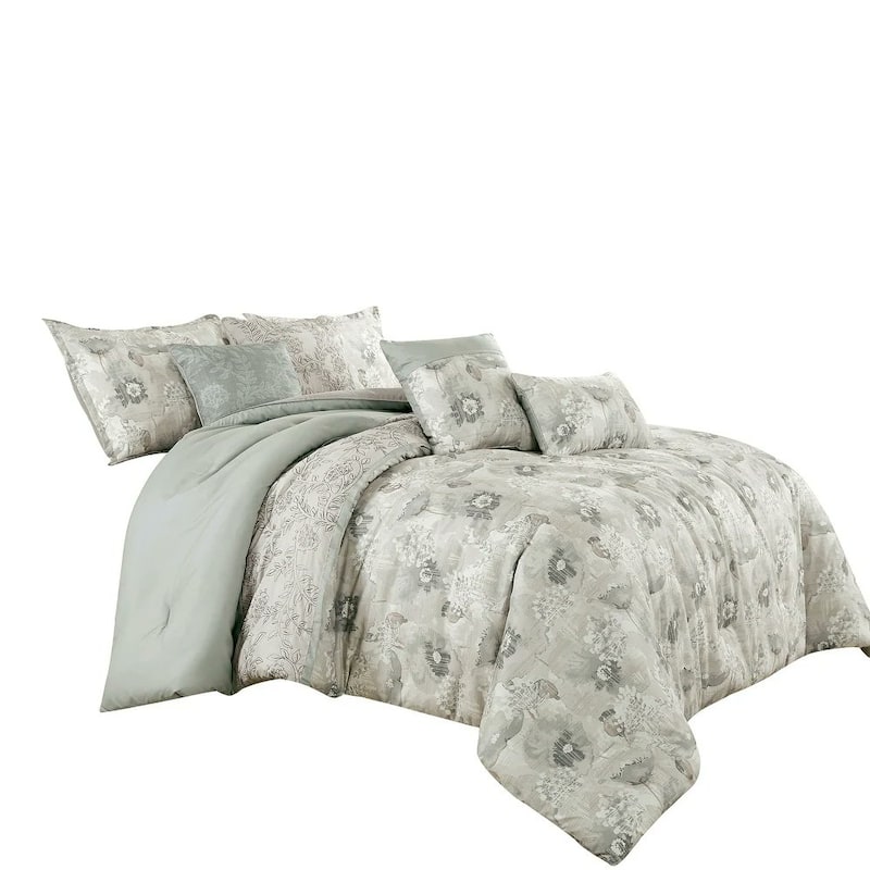 7 Piece Green Comforter Set Embroidery Soft Bedding