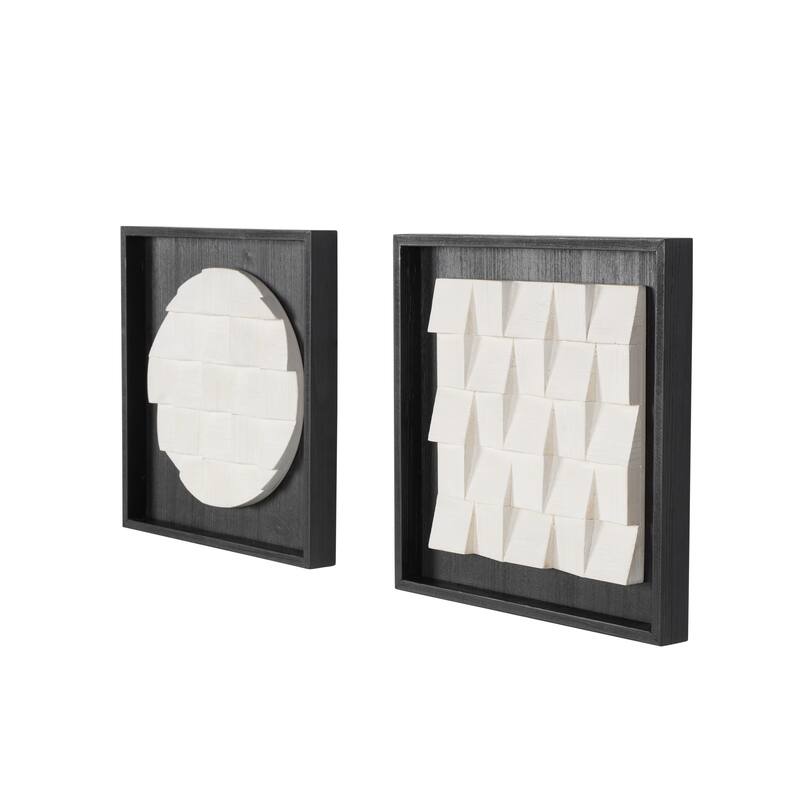 White Wood 3D Cube Grid Geometric Home Wall Decor with Black Frames (Set of 2)