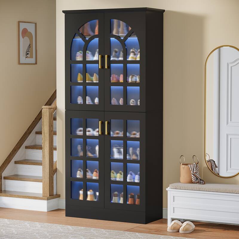 8-Tier Tall Shoe Storage Cabinet with Doors, Led Lights and Adjustable Shelves for Entryway, White - 1-Piece(Black)