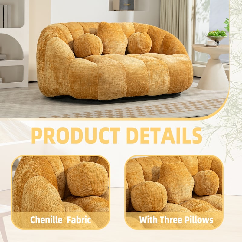 Chenille Upholstered Bean Bag Chair, Lazy Floor Sofa with Foam Filler, Fluffy Bean Bag Sofa with 3 Pillows & High Backrest