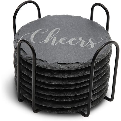 8pcs 3.8" Round Black Slate Stone Coasters Set for Drinks Cups with Holder Stand