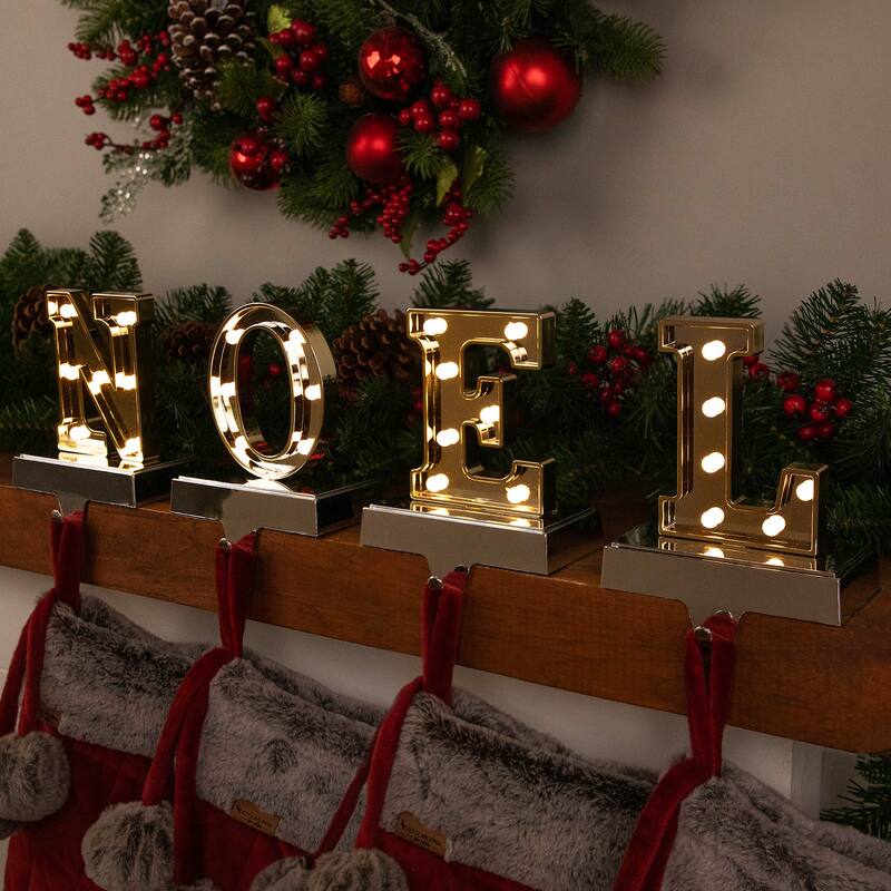 Set of 4 Gold Silver LED Lighted "NOEL" Christmas Stocking Holder 6.5"