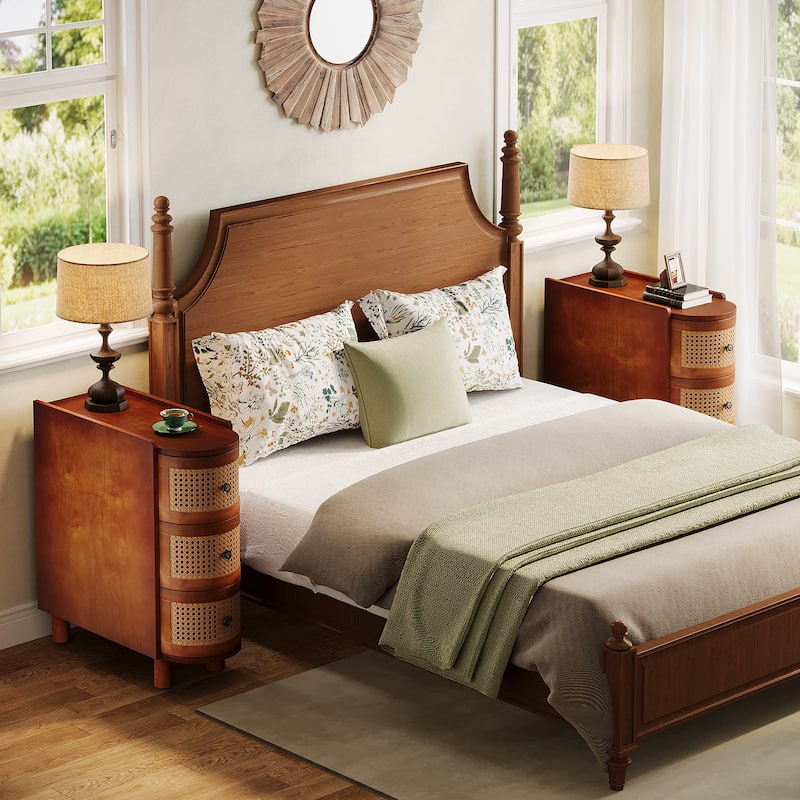 Solid Wood End Table, 3-Drawer Rattan Side Table, Night Stand with Exquisite Embossed Handles