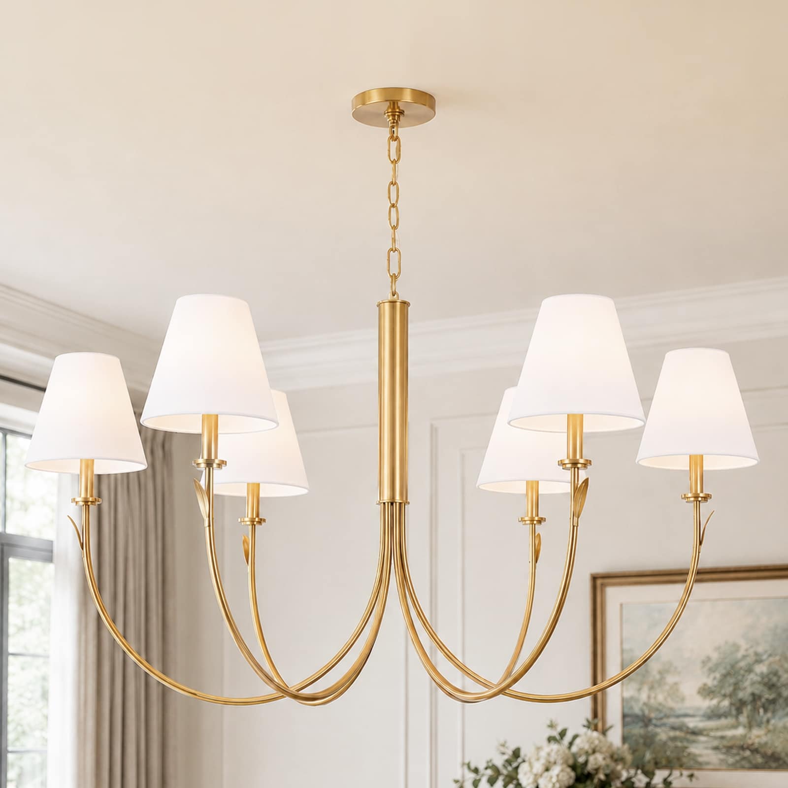 Rennnsan 6-Light Mid-Century Classic Gold Curved Arm Fabric Shade Chandelier for Dining Room, Living Room