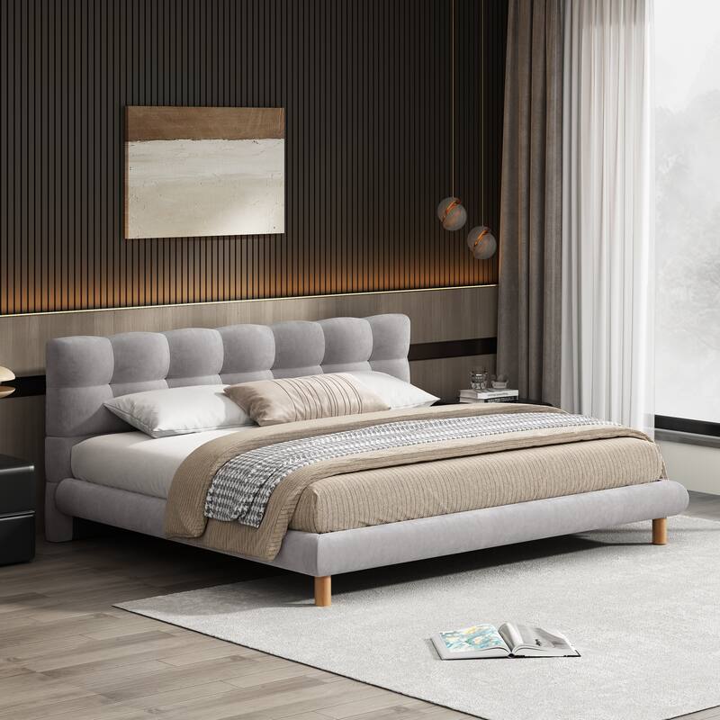 Grey Platform Bed Frame with Cookieshaped Headboard Upholstered Wingback Bed, Low-Profile Grounded Bed with Round Wood Legs - Grey - King