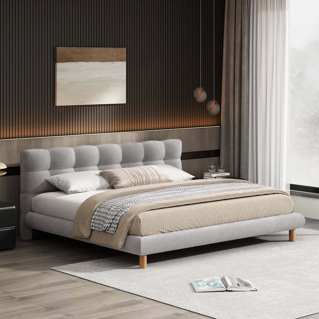 King Size Upholstered Platform Bed with Cookie-Shaped Headboard and Rubber Wood Support Feet