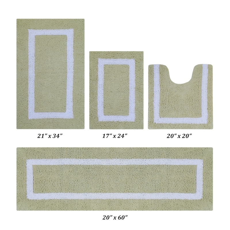 Better Trends Hotel Collection in Race Track 100% Cotton Super Absorbent Reversible Double Sided Machine Washable Bath Mat Rug - 4 Piece Set 17"x24" | 20"x20" | 21"x34" | 20"x60" - Sage & White