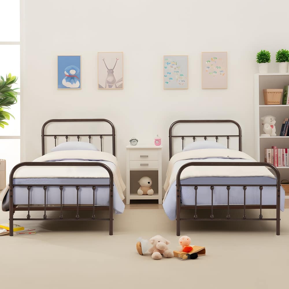 VECELO Modern Metal Platform Kids Bed Frame Twin Size Bed Set of 2 No Box Spring Needed Metal Platform Bed Set
