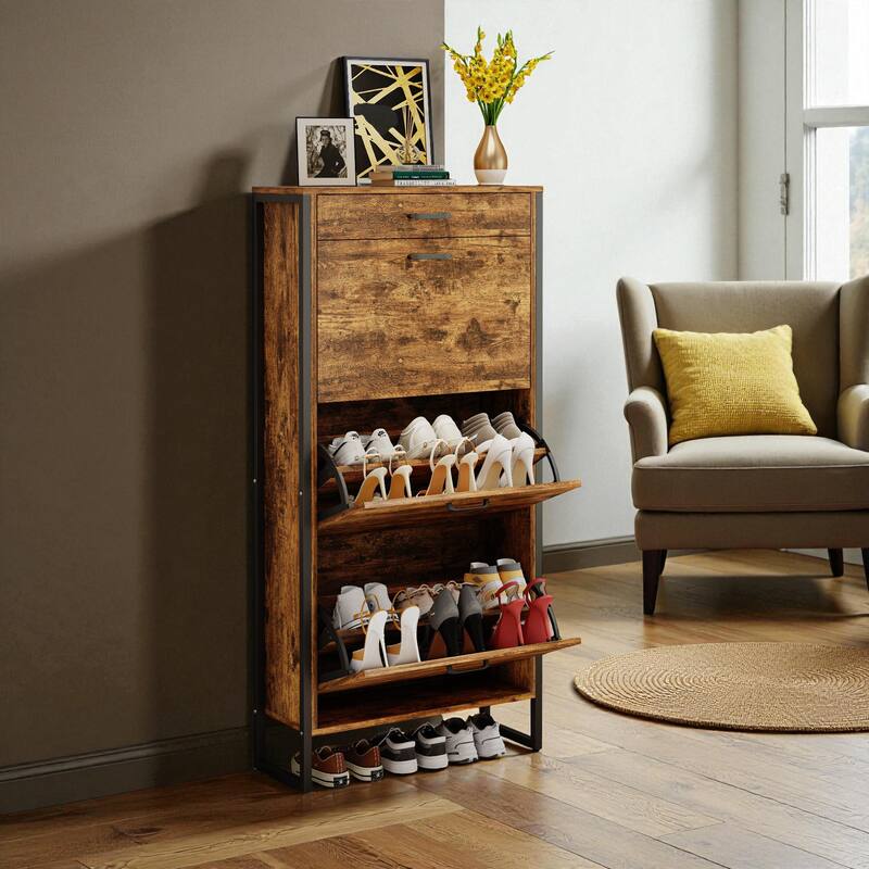 25.6" Slim Shoe Storage Cabinet with 3 Flip Drawers and 1 Drawer, Freestanding Entryway Shoe Organizer for Small Spaces