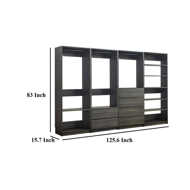Dee Modular Closet System, 10 Shelf, 3 Hanging Rods, Gray Wood Finish