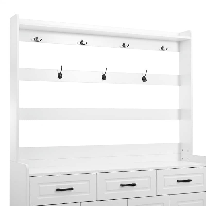 51.2" 4 Door Coat Rack with 3 Drawers,8 Shelves,Hooks and Handles