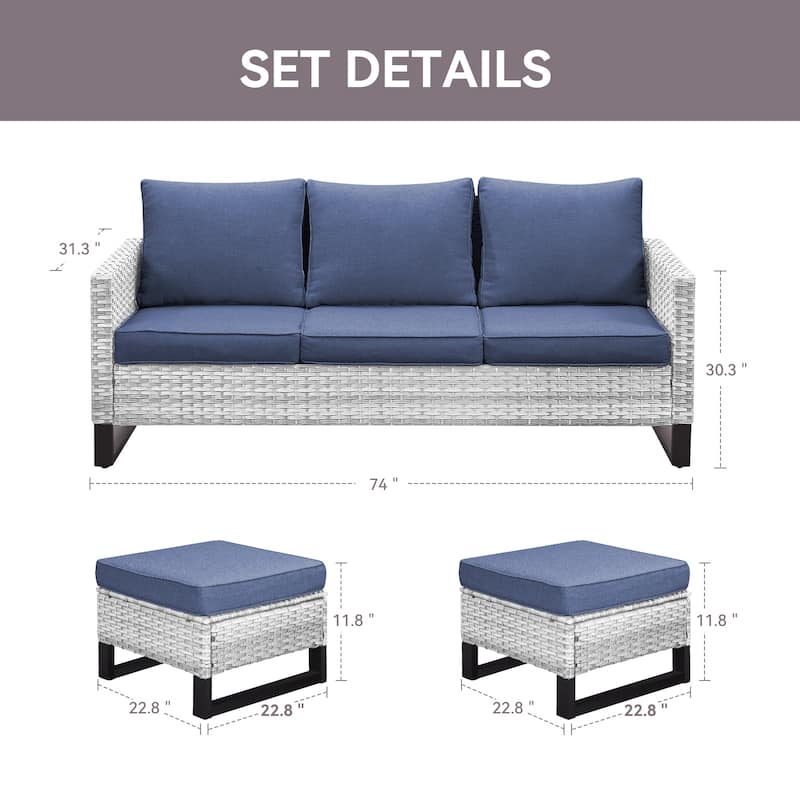 Pocassy Outdoor 3-Seat Sofa Ottomans Set of 3