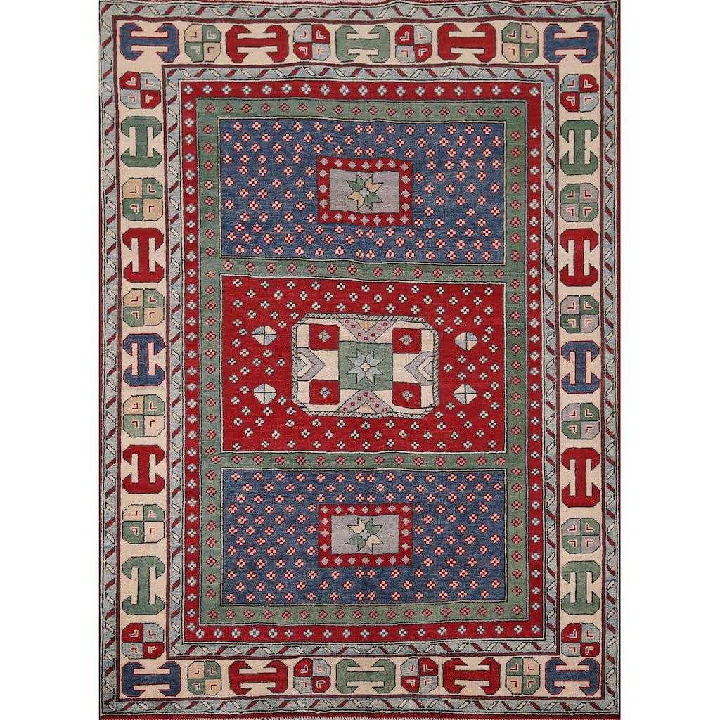 Geometric Multi-Color Kazak Oriental Area Rug Hand-Knotted Wool Carpet - 5'0" x 6'6"