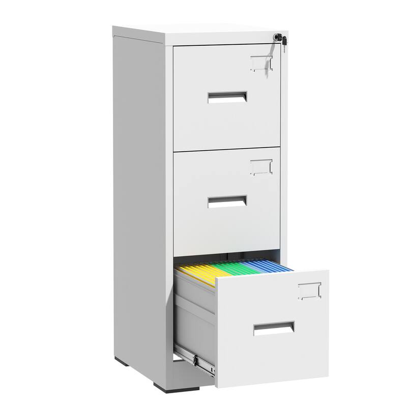 3 Drawer Metal Vertical File Cabinet with Lock and Card Slot File Cabinet for A4 Legal/Letter Size Narrow File Cabinet Locked - White