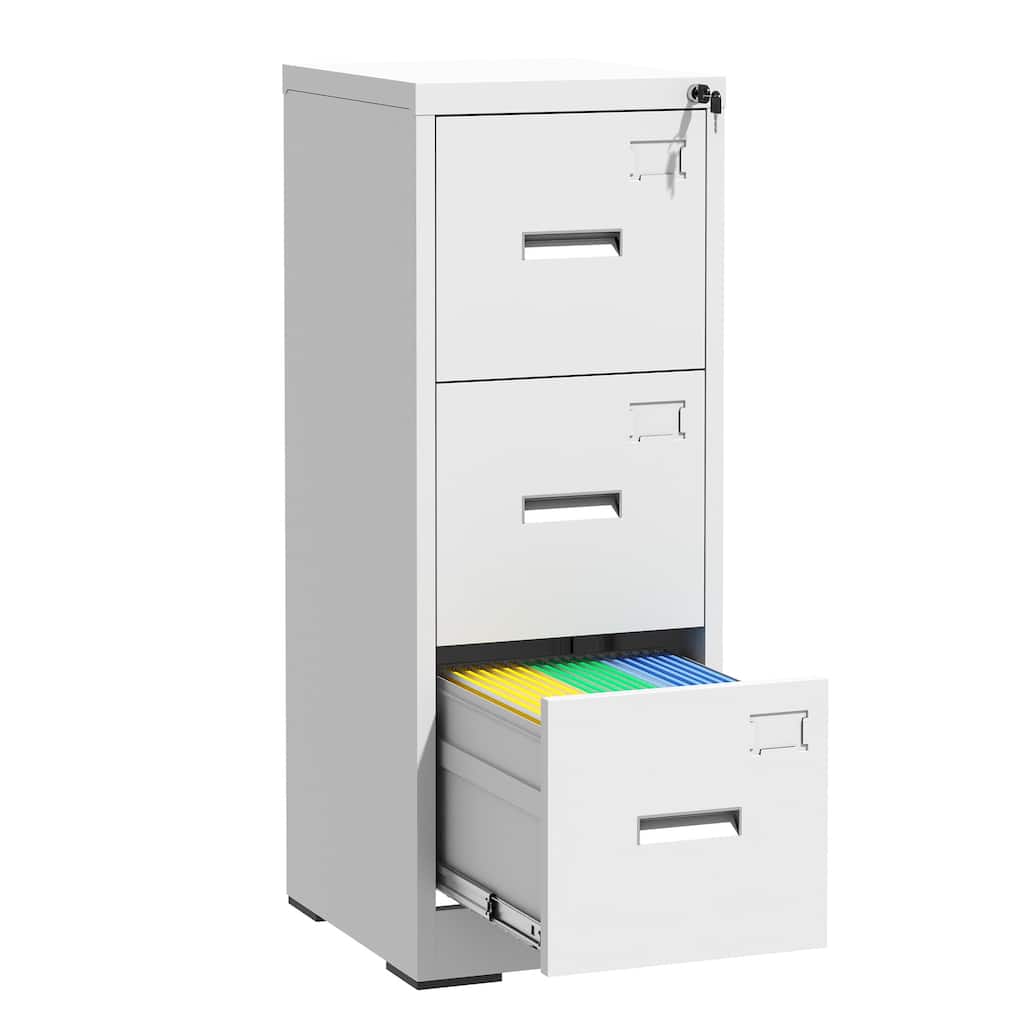 Modern Narrow File Cabinet Vertical Filing Cabinet with 3 Drawers, Locks and Card Slots, for Home Office, White