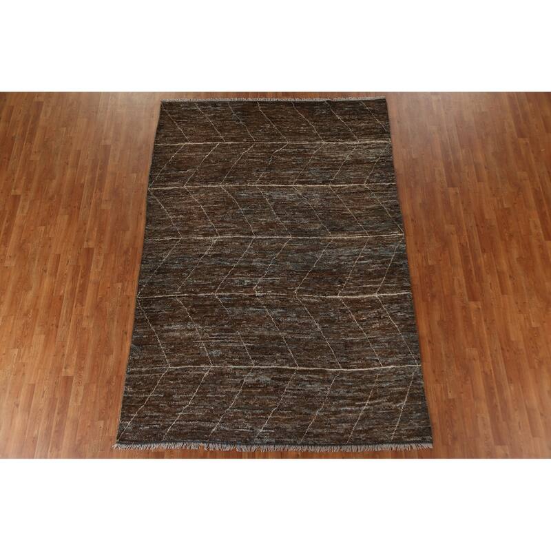 Hand Knotted Oriental 100% Wool Carpet Tribal Tribal Brown Moroccan Area Rug - 9' 7'' X 6' 7''
