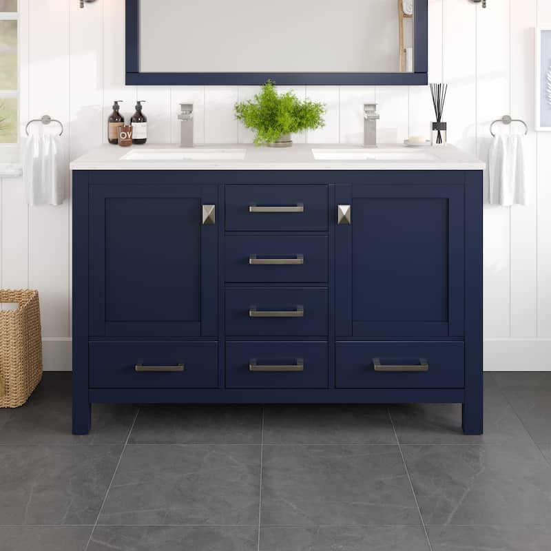 London 54"W Bath Vanity with Carrara Quartz Top & Undermount Sink - Blue