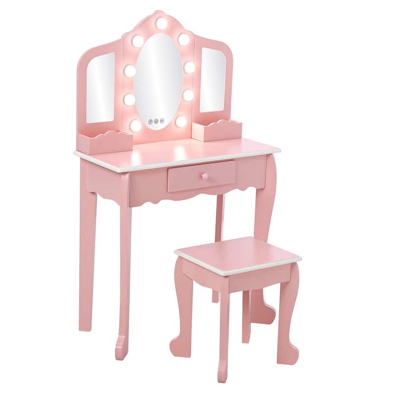 Kids Makeup Vanity Table Set with Stool, Dressup Playset for Girls Best Gift - Pink