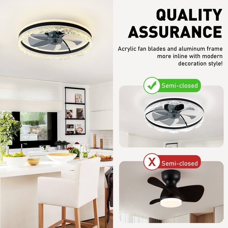 Smart Silent LED Ceiling Fan with Light Crystal Flush Mount, Hidden Blades