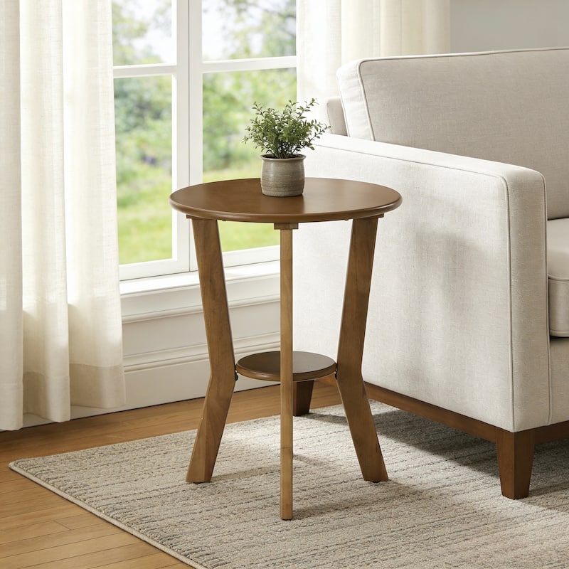 Round Farmhouse End Table with Shelf for Bedroom & Living Room - Brown - Wood