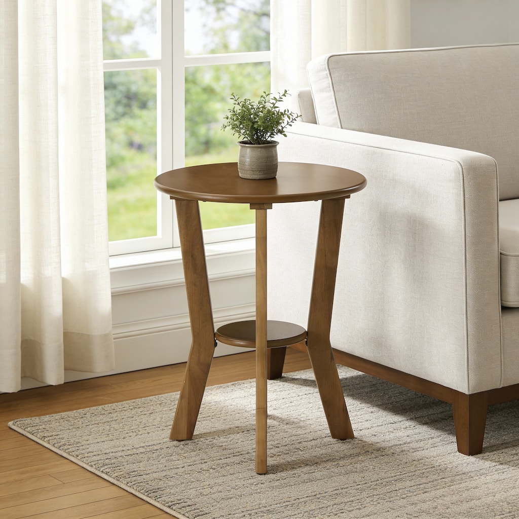 Round Farmhouse End Table with Shelf for Bedroom & Living Room