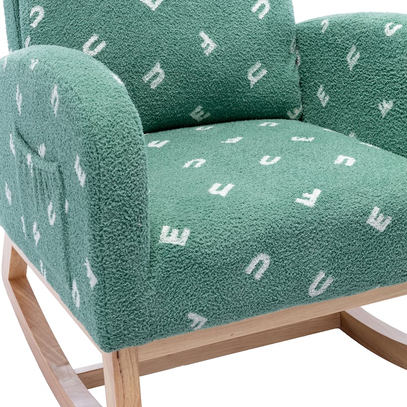 Modern Upholstered Rocker Armchair With Side Pocket, High Back Wooden Nursery Chair