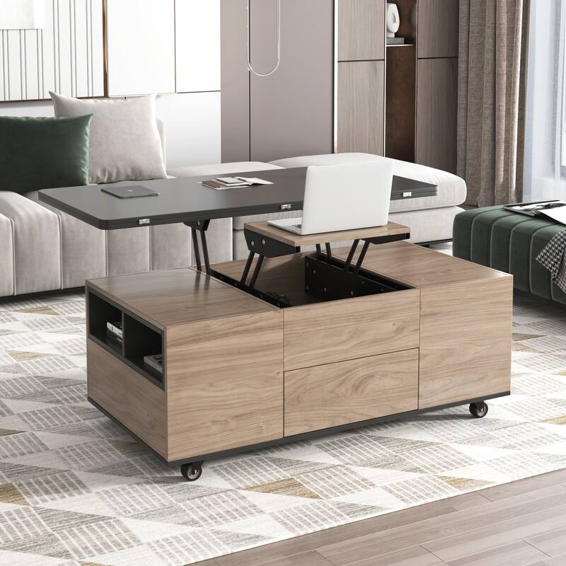 Modern Lift Top Coffee Table Multifunctional Table with Drawers & Shelves