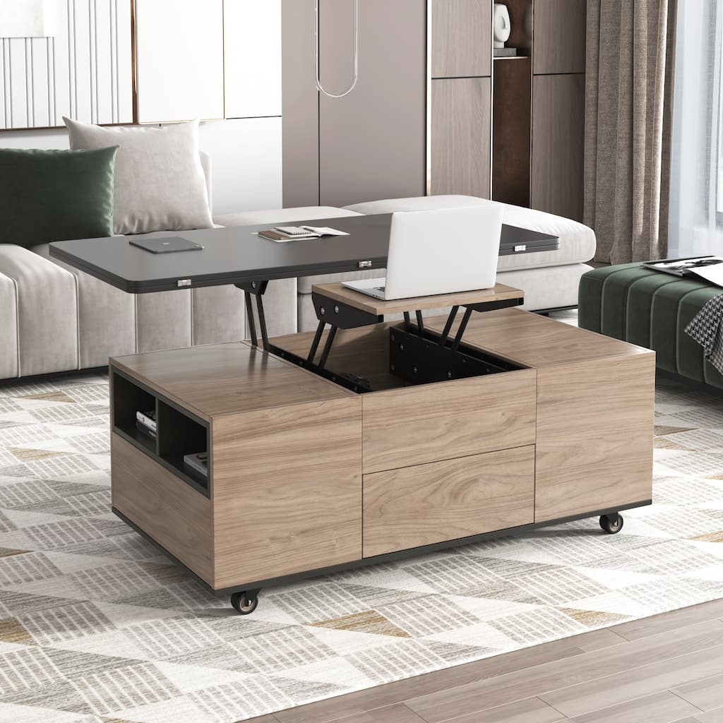 Modern Lift Top Coffee Table with 3 Drawers and Lockable Universal Wheels