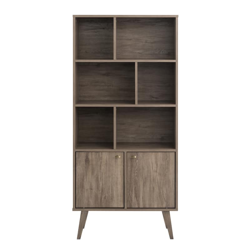 Prepac Milo Mid-Century Modern Bookcase with Six Shelves and Two Doors - 29 in. W x 62.25 in. H x 12 in. D