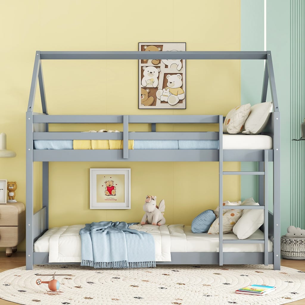 Twin Over Twin House Floor Bunk Bed with Headboards, Footboards, Guardrails, and Ladder, Light Grey