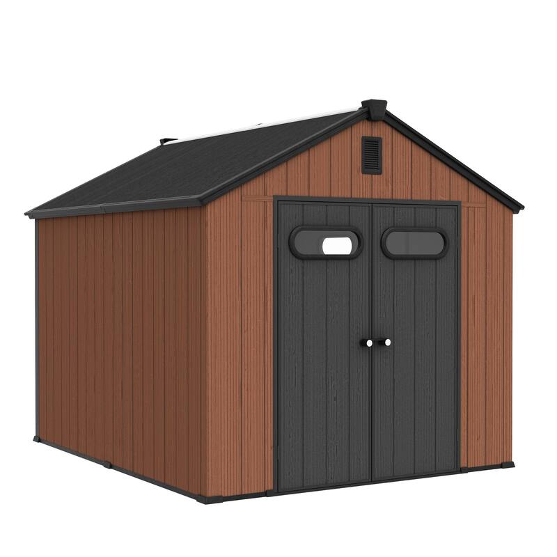 8X8/8X10/8X12 FT Resin Outdoor Storage Shed with Window Vent Floor for Patio Furniture and Tools - 8X10 - Brown