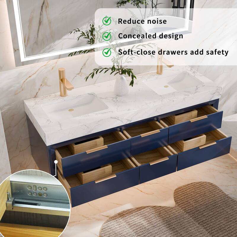 Modland 60" Modern Floating Bathroom Vanity with Double Sink, Soft-Close Drawers, White Stone Countertop