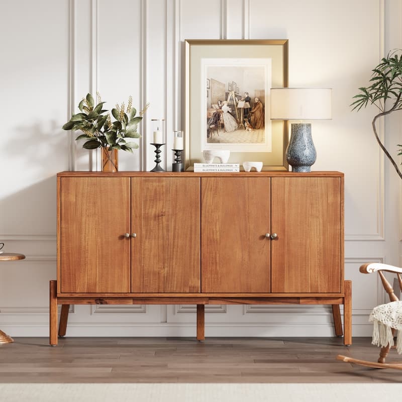 Vintage 56.8" Sideboard Buffet Cabinet with Four Doors and Metal Handles for Stylish Storage Solutions