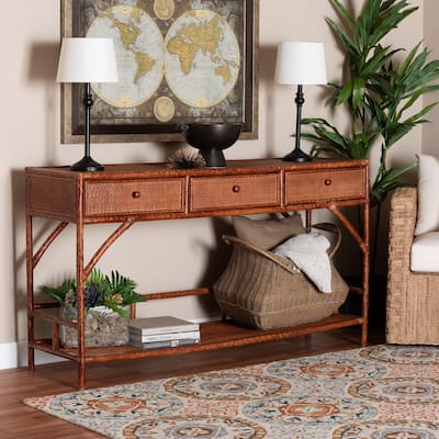 Brier Marbled Tortoise Natural Rattan Console Table - Handcrafted Accent Table with 3-Drawers and Shelf, Coastal Boho Style