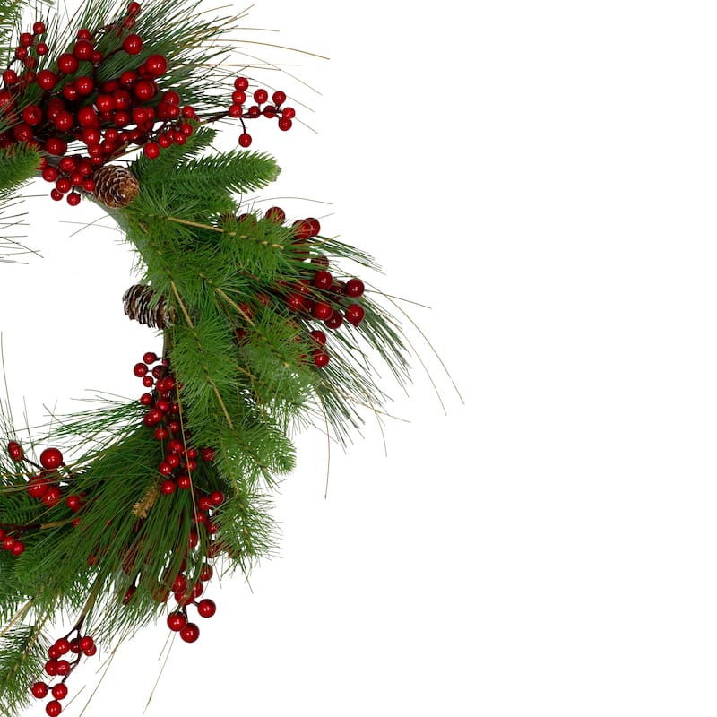 24-Inch Mixed Pine and Red Berry Artificial Christmas Wreath - Unlit - 24"