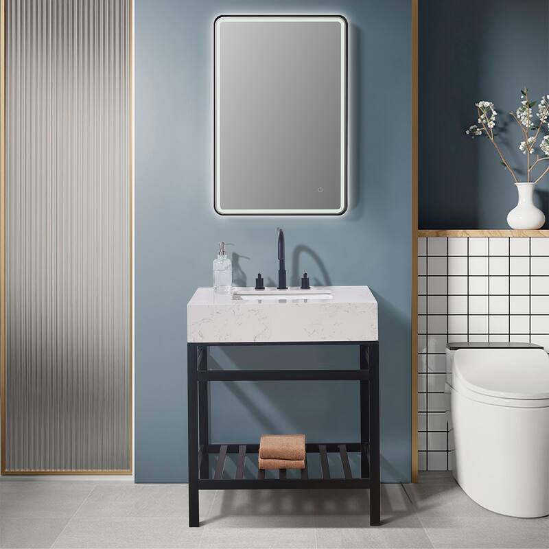 Altair Merano Stainless Steel Vanity Console with Stone Countertop and Mirror