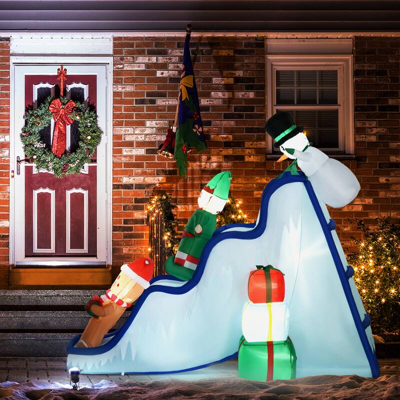 HOMCOM 8.5FT Long Christmas Inflatable Snowman, Elf and Gingerbread Man on Ski Slope, Blow-Up Outdoor LED - mixed
