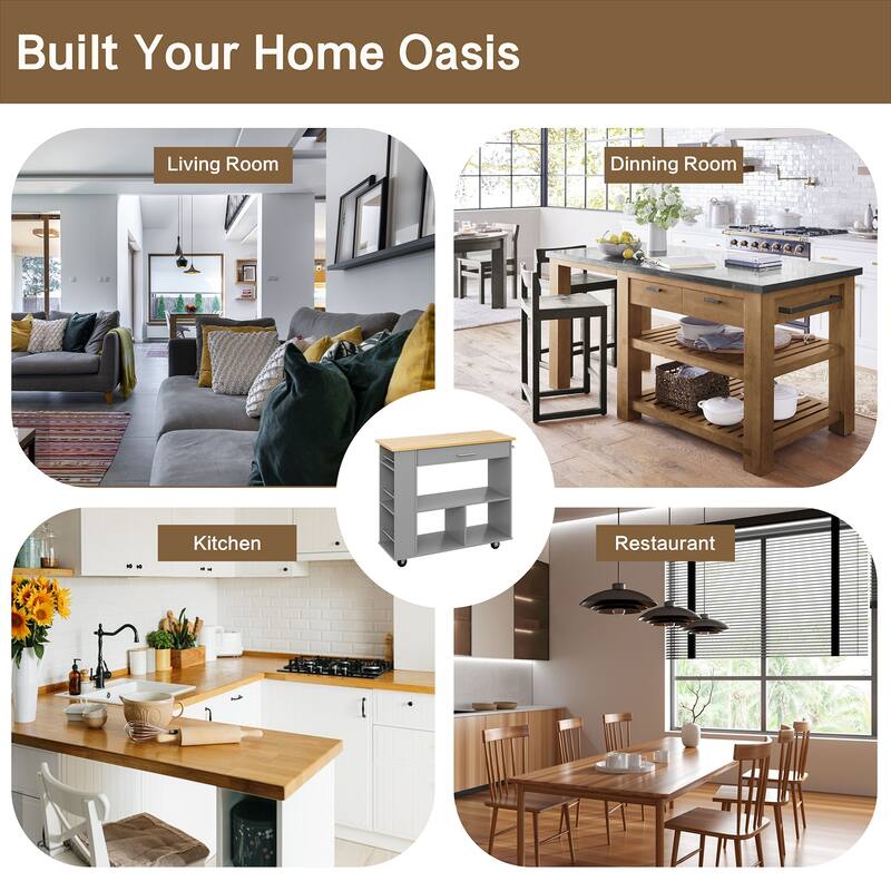 Kitchen Island with Towel Rack – Mobile Cart with Rubber Wood Top, Easy-Glide Storage