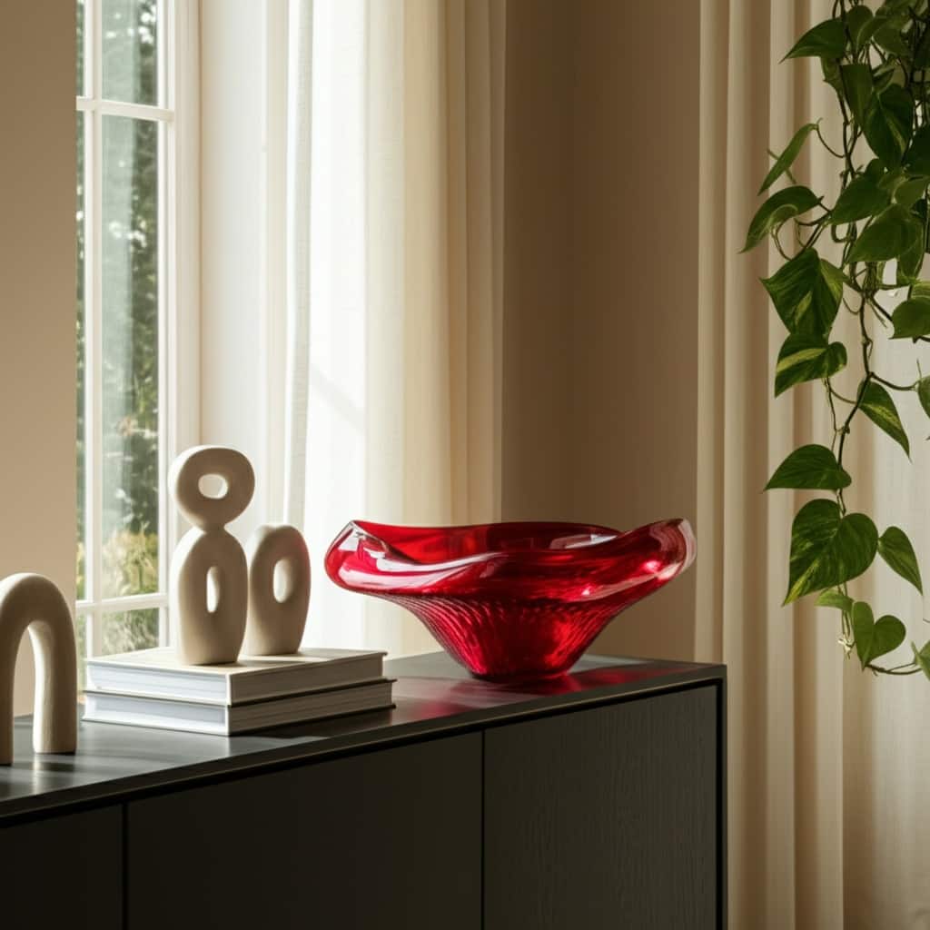 Glass Decorative Bowl Abstract Oval Modern Accent Home Decor - 6" Red - 15.25" x 8.75" x 5.5"