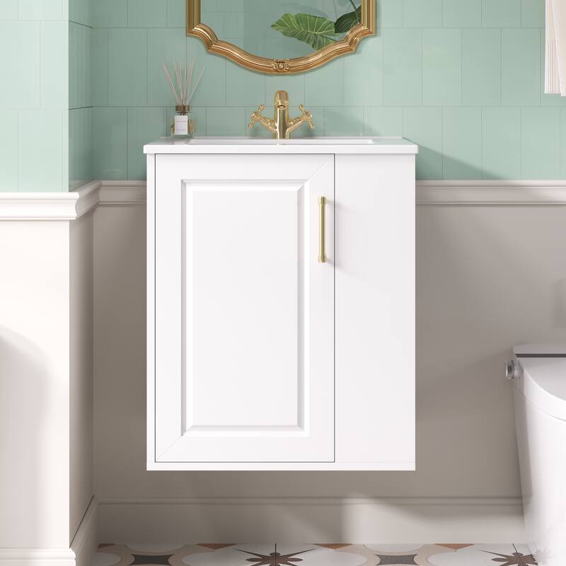 Wall Mounted Bathroom Vanity with Ceramic Sink, 20" Small Floating Bathroom Cabinet with Side Cabinet, White - 20 Inch