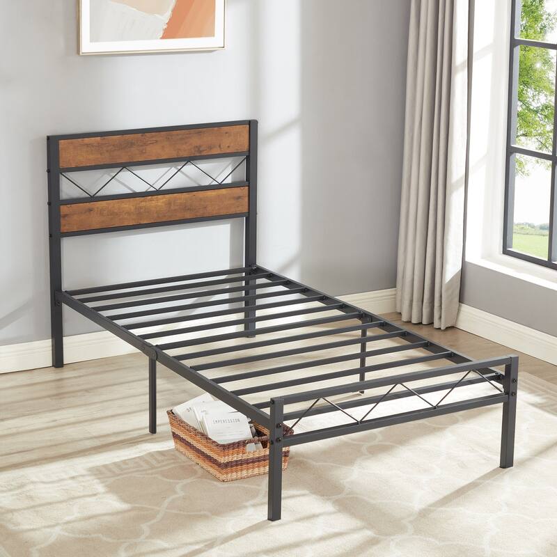 Metal Bed Frame with Brown Wooden Headboard, No Box Spring Needed