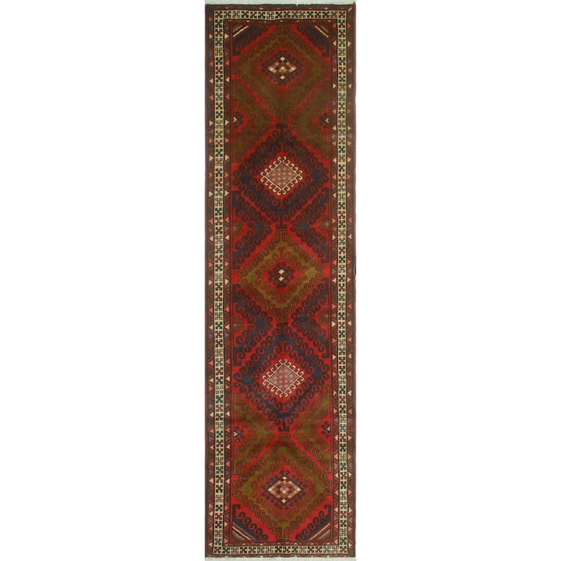 Fine Vintage Distressed Bunmi Burgundy/Navy Runner - 3'5" x 13'2"