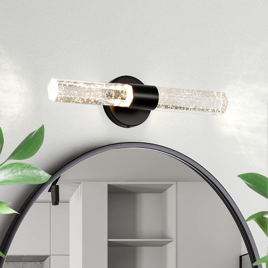 Modern 2-Light Matte Black Dimmable Indoor Wall Sconce With Crystal Bubble Glass Shade 3000K Led 4-Watt Vanity Light Bar