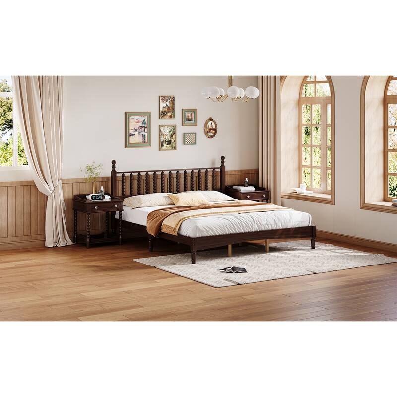 Wood Platform Bed Frame with Gourd Shaped Headboard, Retro Style Low Profile Bed with Wooden Slat Support, No Box Spring Needed