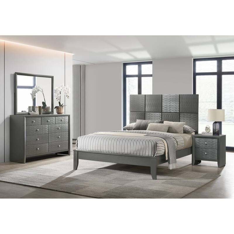 Full Size Bed with Geometric Paneling Headboard in Gray Gun Metal Finish