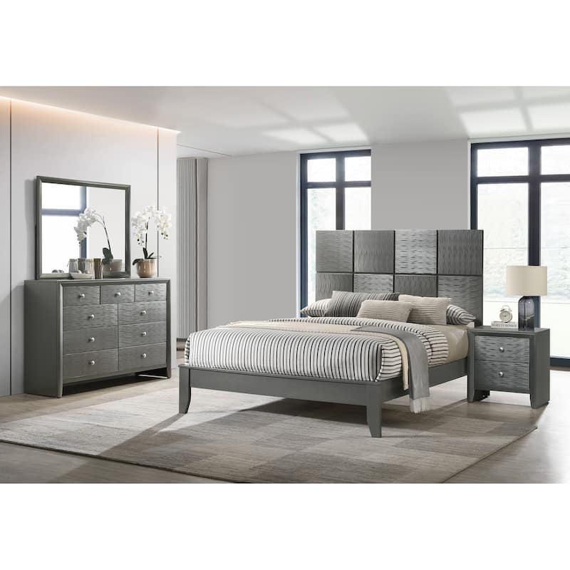Queen Size Bed with Geometric Paneling and Gun Metal Finish