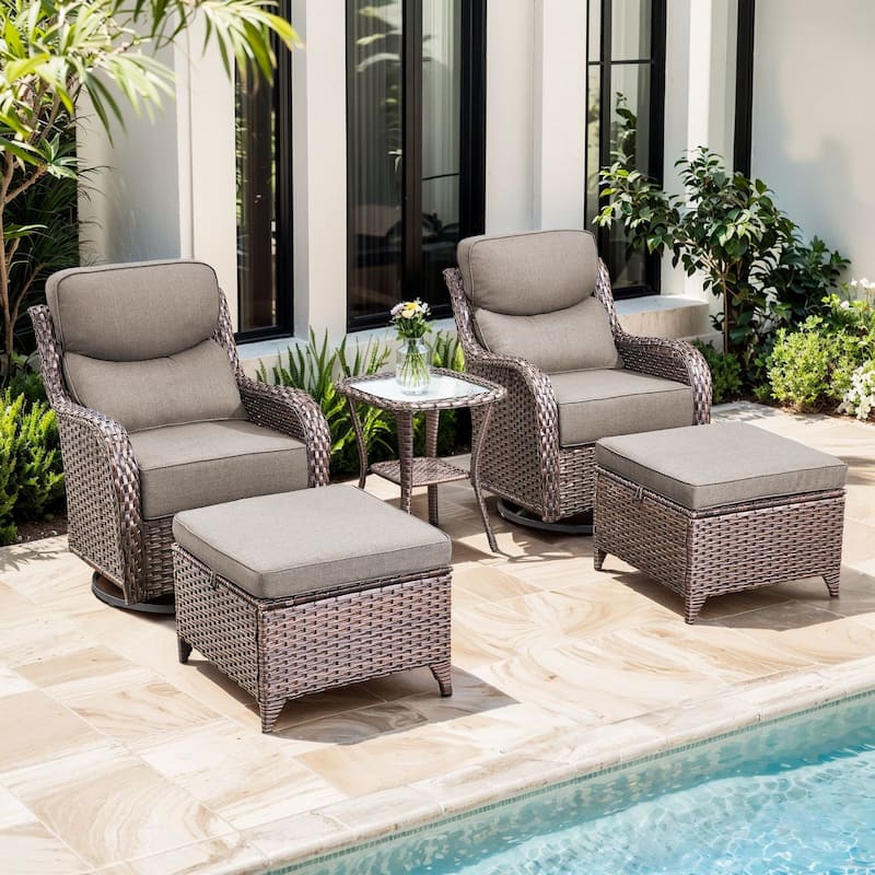 Gymojoy 5-Piece Patio Swivel Glider Chair Ottoman Set with Side Table, 6-Inch Ultra-Plush Cushions - Brown Wicker / Grey Cusion - 5-Piece